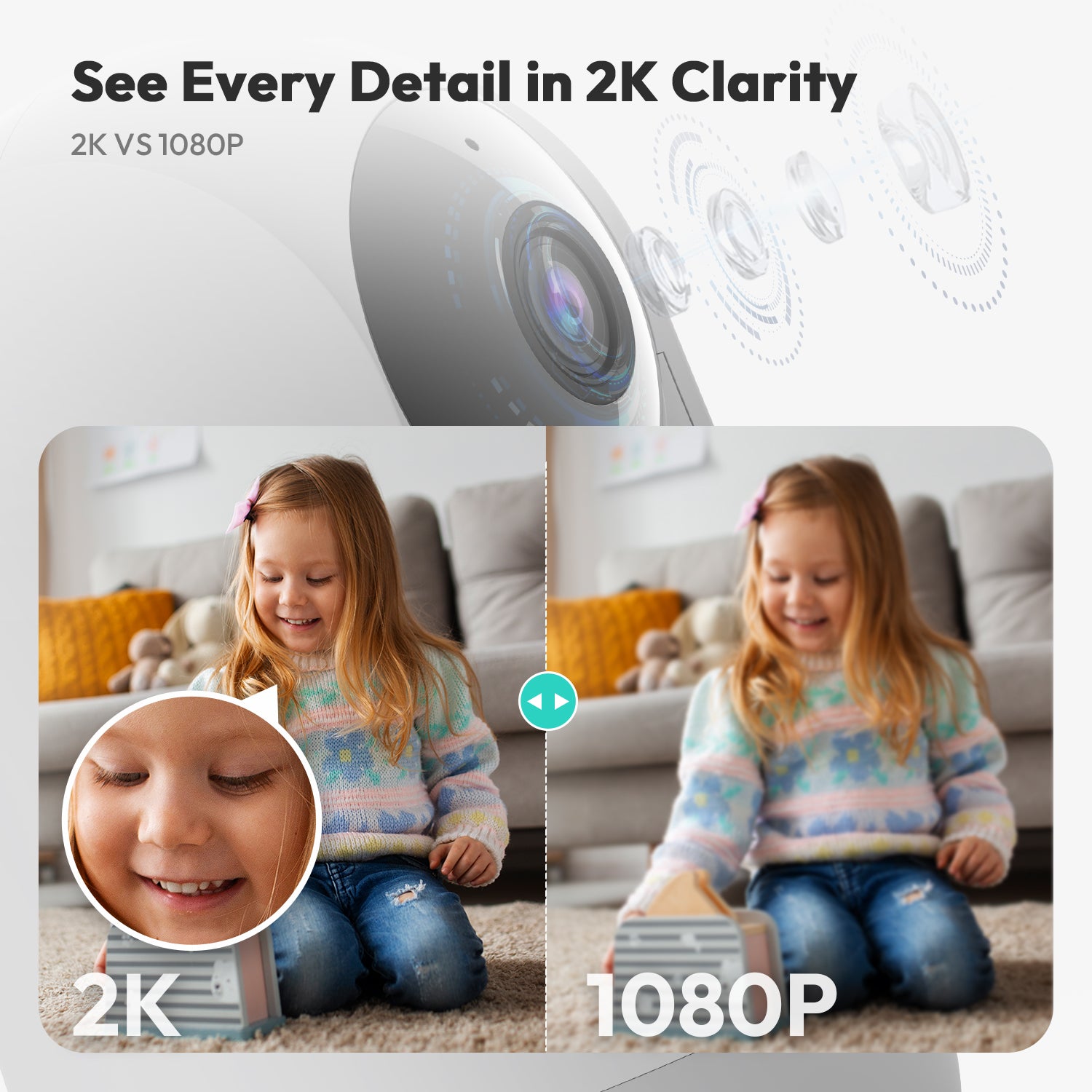 Botslab Indoor Smart Pan Tilt Camera C212 - 2K WiFi Indoor Home Security Dome Camera with Human and Motion Detection, Night Vision Baby Monitor, Compatible with Google & Alexa | Product of USA