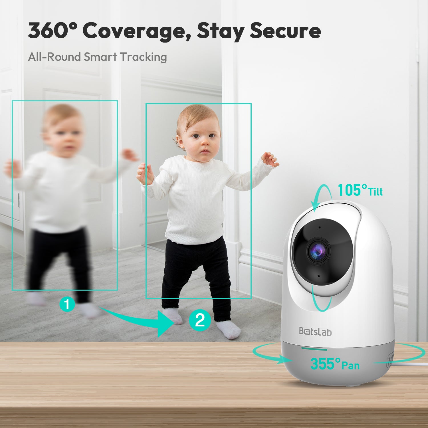 Botslab Indoor Smart Pan Tilt Camera C212 - 2K WiFi Indoor Home Security Dome Camera with Human and Motion Detection, Night Vision Baby Monitor, Compatible with Google & Alexa | Product of USA
